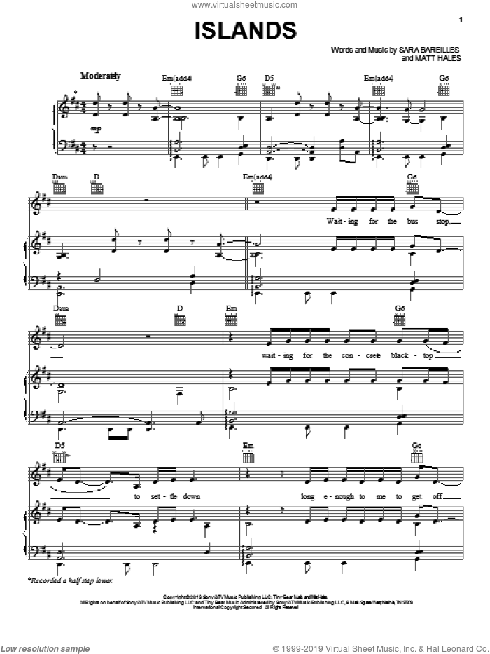 Islands sheet music for voice, piano or guitar by Sara Bareilles and Matt Hales, intermediate skill level
