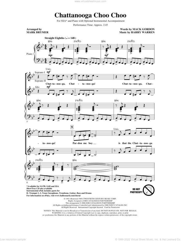 Chattanooga Choo Choo (arr. Mark Brymer) sheet music for choir (SSA: soprano, alto) by Harry Warren, Mack Gordon and Mark Brymer, intermediate skill level