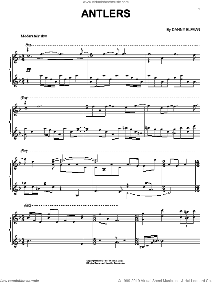 Antlers sheet music for piano solo by Danny Elfman and Epic (Movie), intermediate skill level