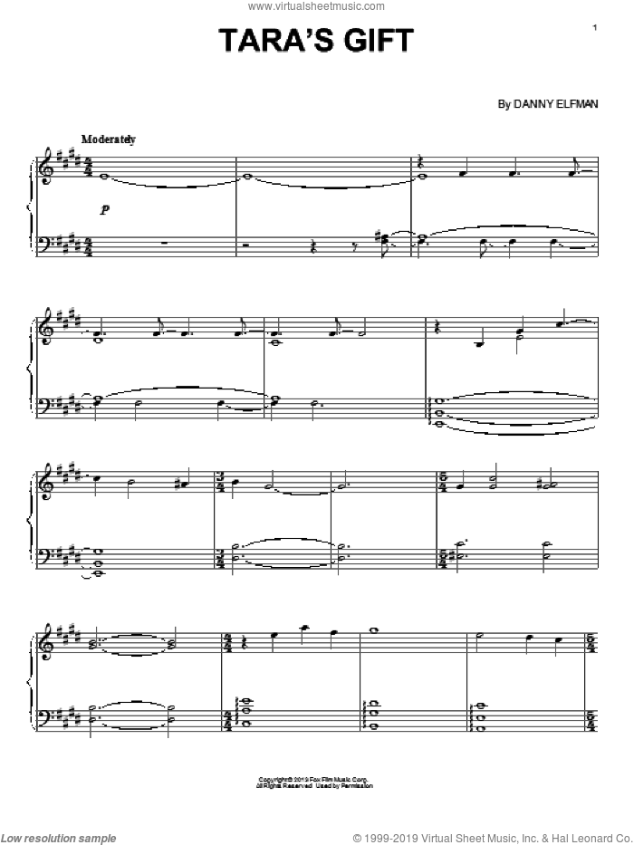 Tara's Gift sheet music for piano solo by Danny Elfman, intermediate skill level