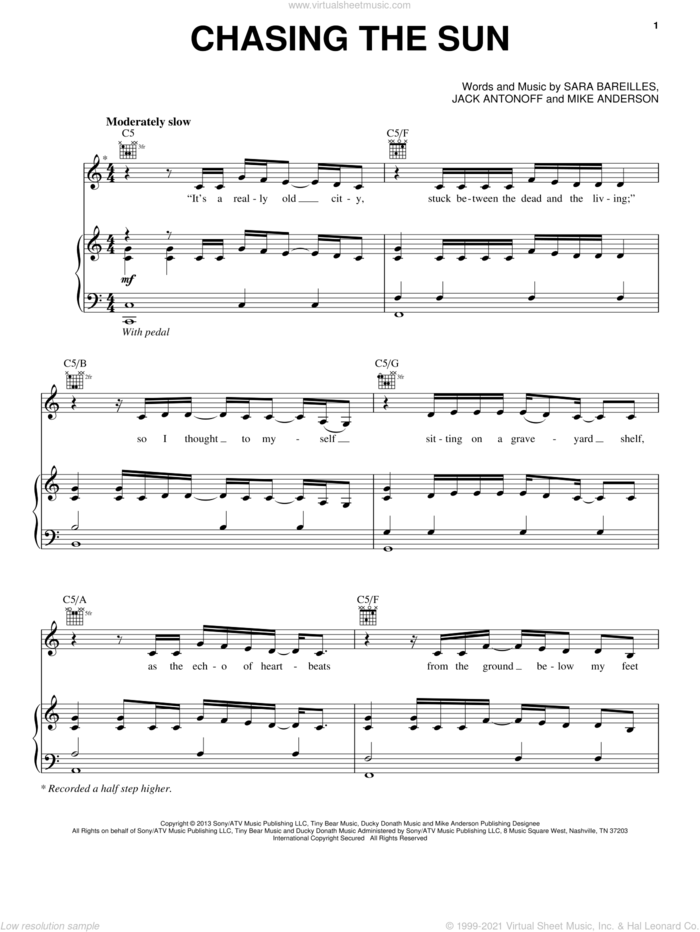 Chasing The Sun sheet music for voice, piano or guitar by Sara Bareilles, Jack Antonoff and Mike Anderson, intermediate skill level