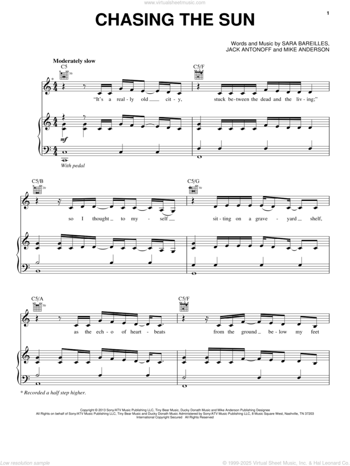 Chasing The Sun sheet music for voice, piano or guitar by Sara Bareilles, Jack Antonoff and Mike Anderson, intermediate skill level