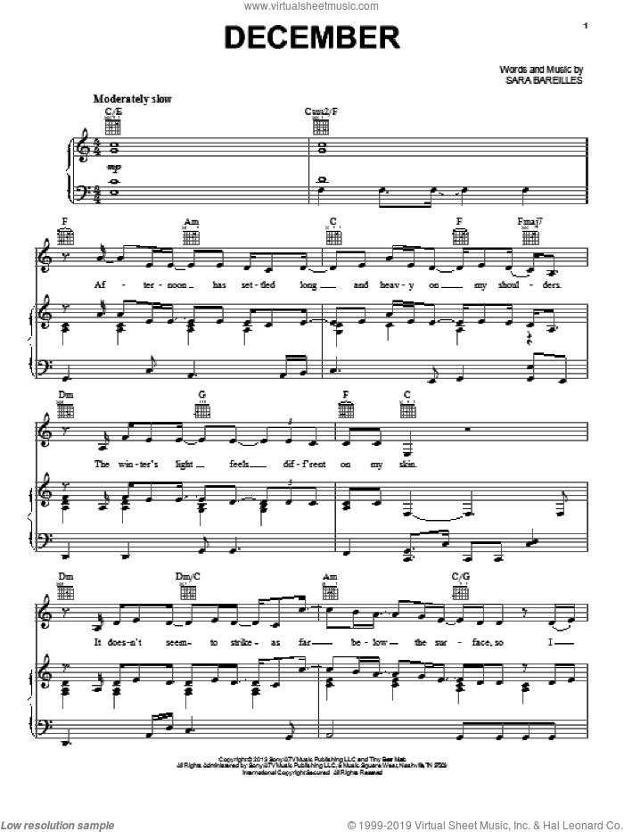 December sheet music for voice, piano or guitar by Sara Bareilles, intermediate skill level