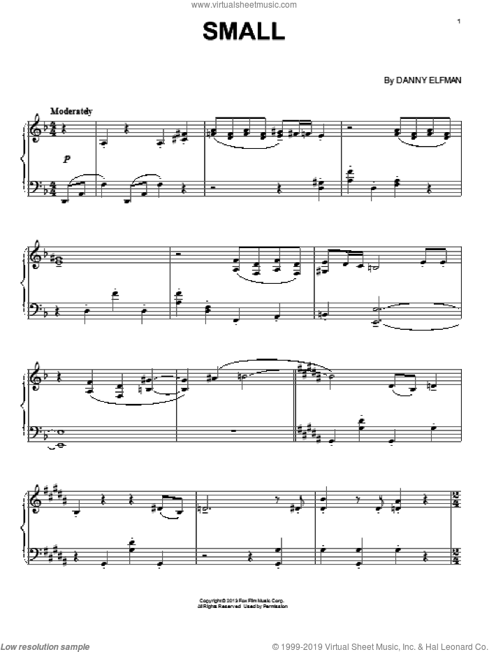 Small sheet music for piano solo by Danny Elfman, intermediate skill level
