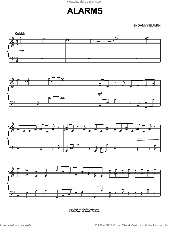 Alarms sheet music for piano solo by Danny Elfman and Epic (Movie), intermediate skill level