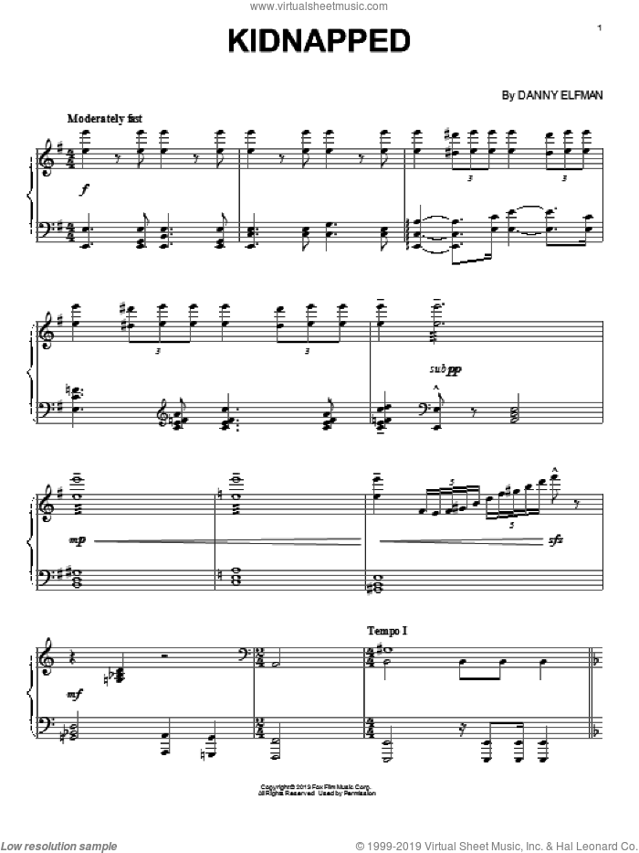 Kidnapped sheet music for piano solo by Danny Elfman and Epic (Movie), intermediate skill level