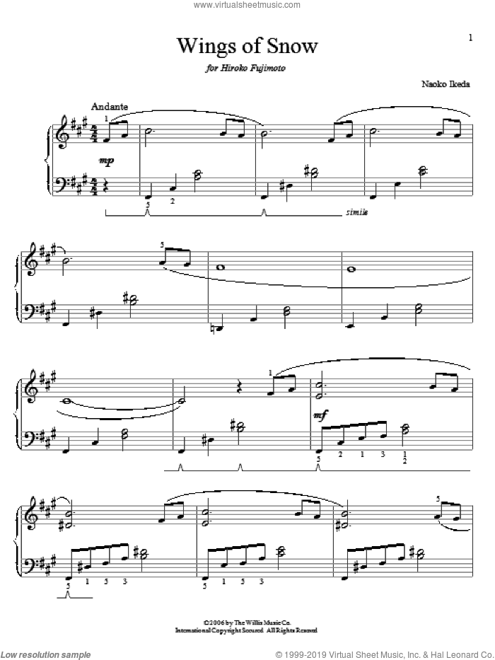 Wings Of Snow sheet music for piano solo (elementary) by Naoko Ikeda, beginner piano (elementary)