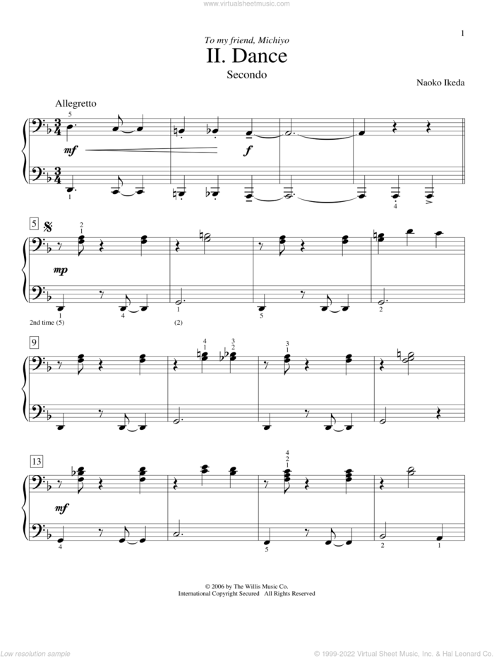 Dance sheet music for piano four hands by Naoko Ikeda, intermediate skill level