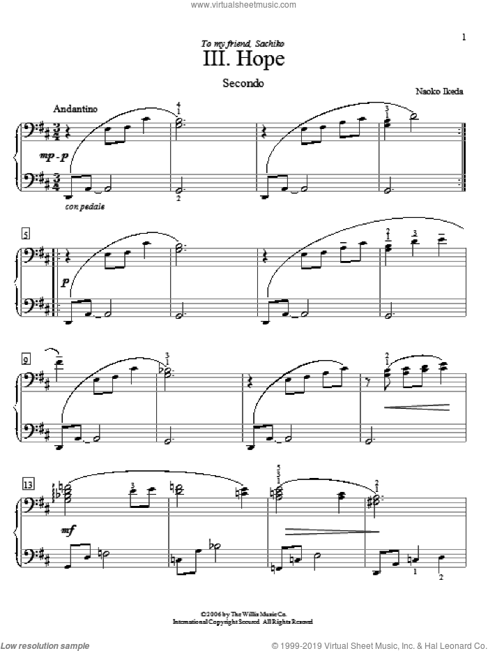 Hope sheet music for piano four hands by Naoko Ikeda, intermediate skill level