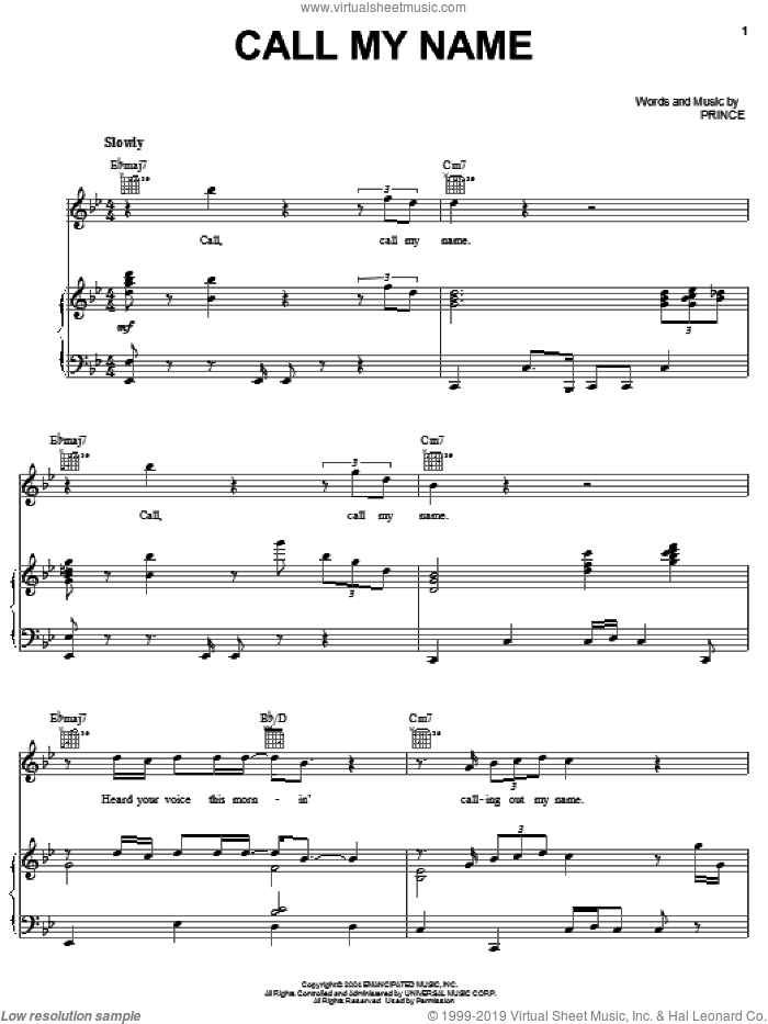 Call My Name sheet music for voice, piano or guitar by Prince, intermediate skill level