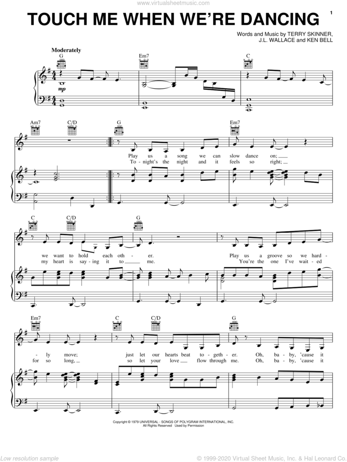 Touch Me When We're Dancing sheet music for voice, piano or guitar by Carpenters, Alabama, J.L. Wallace, Ken Bell and Terry Skinner, intermediate skill level