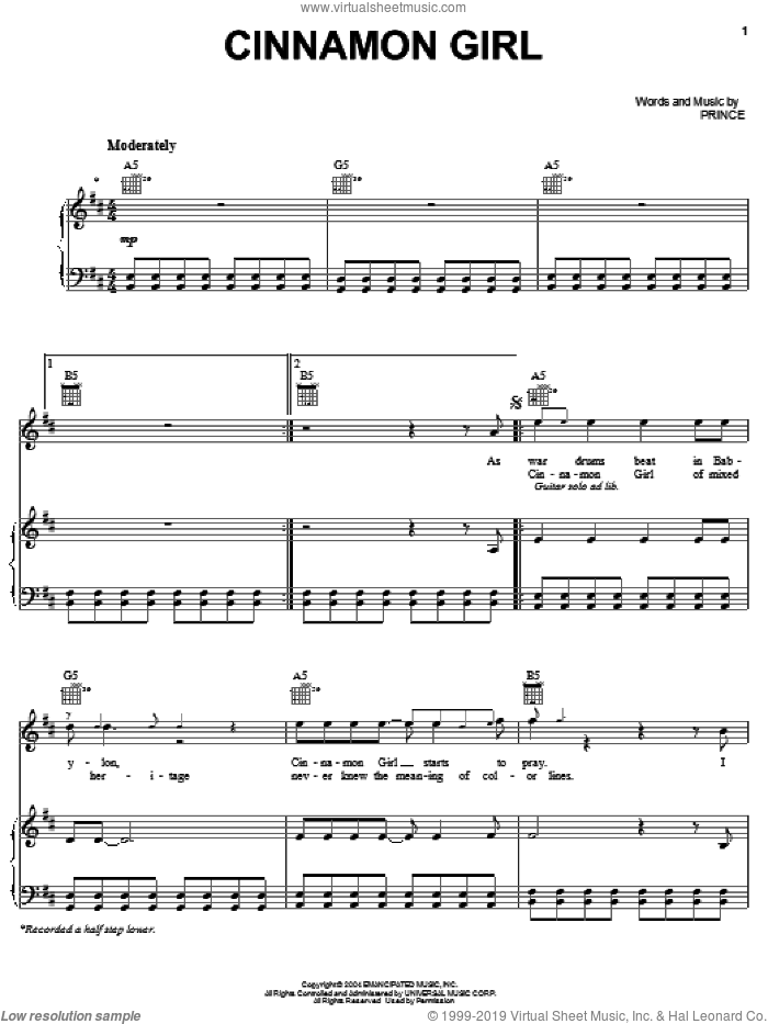 Cinnamon Girl sheet music for voice, piano or guitar by Prince, intermediate skill level