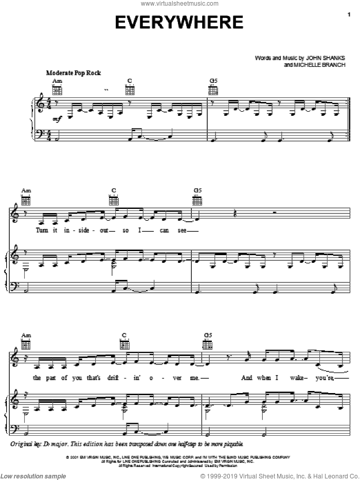 Everywhere sheet music for voice, piano or guitar by Michelle Branch and John Shanks, intermediate skill level