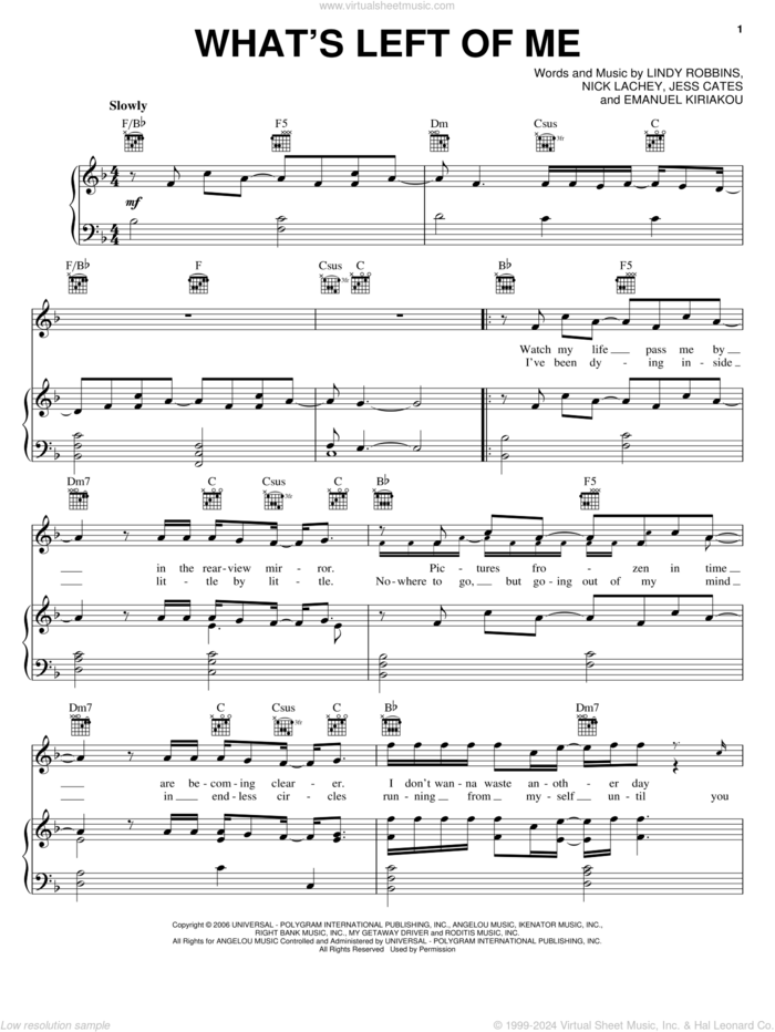 What's Left Of Me sheet music for voice, piano or guitar by Nick Lachey, Emanuel Kiriakou, Jess Cates and Lindy Robbins, intermediate skill level