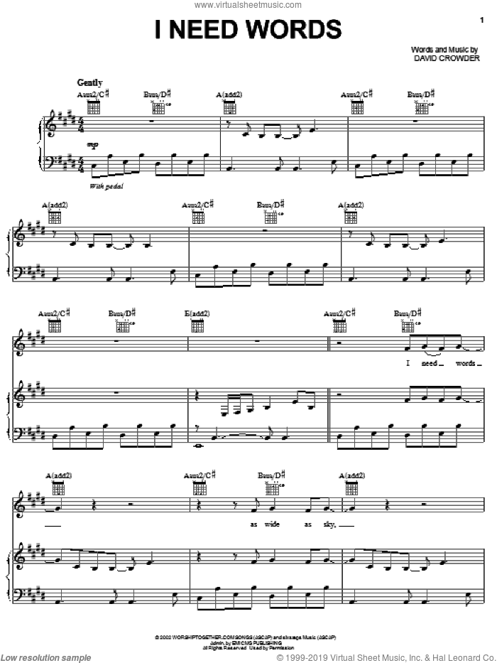 I Need Words sheet music for voice, piano or guitar by David Crowder Band and David Crowder, intermediate skill level