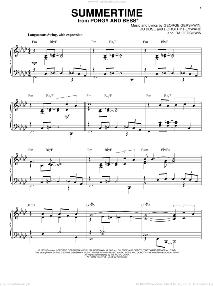 Summertime [Jazz version] (from Porgy and Bess) (arr. Brent Edstrom) sheet music for piano solo by George Gershwin, Dorothy Heyward, DuBose Heyward and Ira Gershwin, intermediate skill level