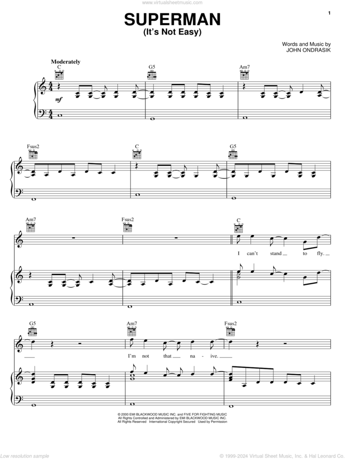 Superman (It's Not Easy) sheet music for voice, piano or guitar by Five For Fighting and John Ondrasik, intermediate skill level