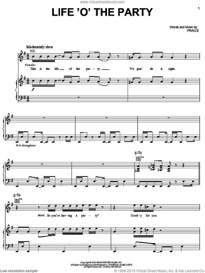 Life 'O' The Party sheet music for voice, piano or guitar by Prince, intermediate skill level