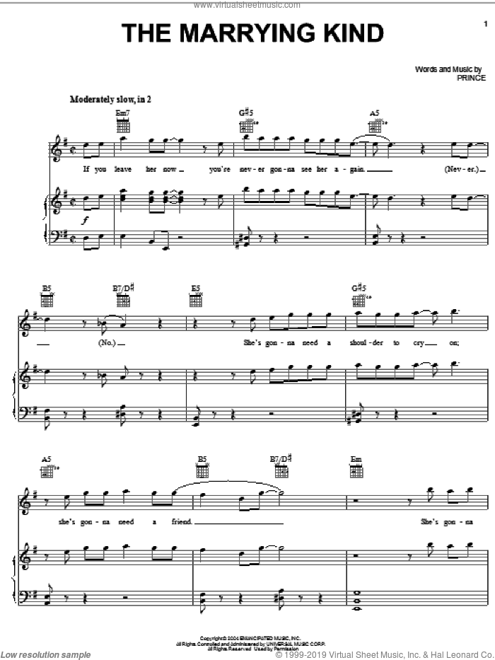 The Marrying Kind sheet music for voice, piano or guitar by Prince, intermediate skill level
