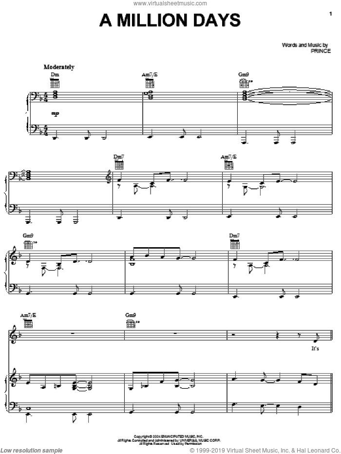 A Million Days sheet music for voice, piano or guitar by Prince, intermediate skill level