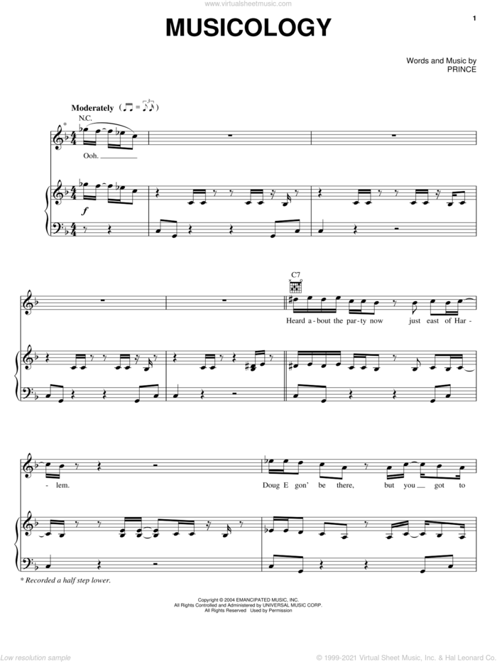 Musicology sheet music for voice, piano or guitar by Prince, intermediate skill level