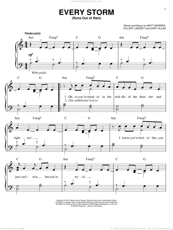 Every Storm (Runs Out Of Rain) sheet music for piano solo by Gary Allan, easy skill level