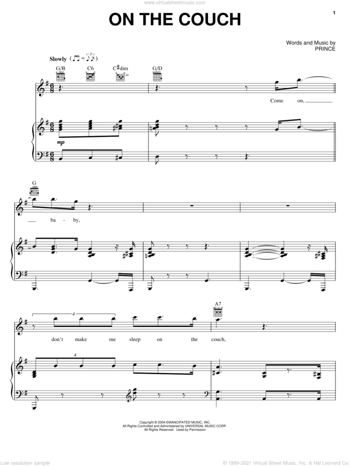 On The Couch sheet music for voice, piano or guitar by Prince, intermediate skill level