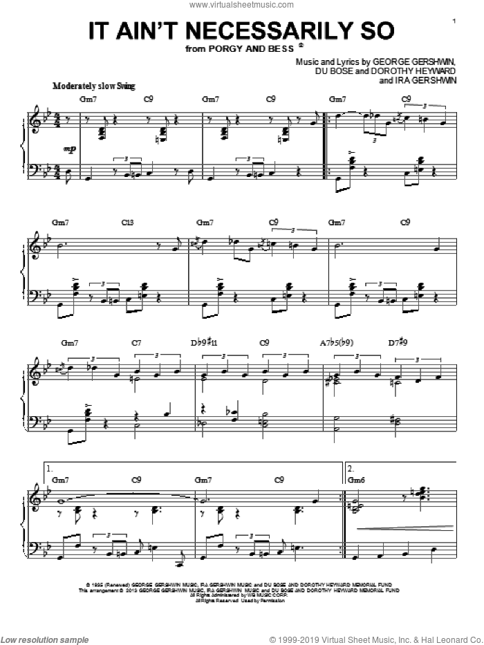It Ain't Necessarily So [Jazz version] (arr. Brent Edstrom) sheet music for piano solo by George Gershwin and Ira Gershwin, intermediate skill level