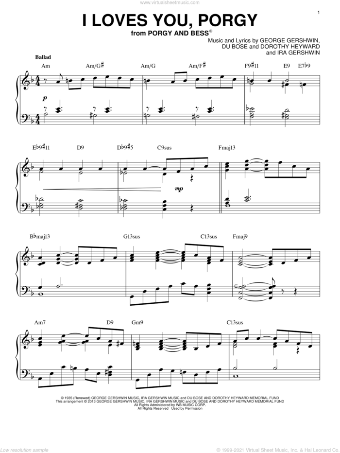 I Loves You, Porgy [Jazz version] (arr. Brent Edstrom) sheet music for piano solo by George Gershwin and Ira Gershwin, intermediate skill level