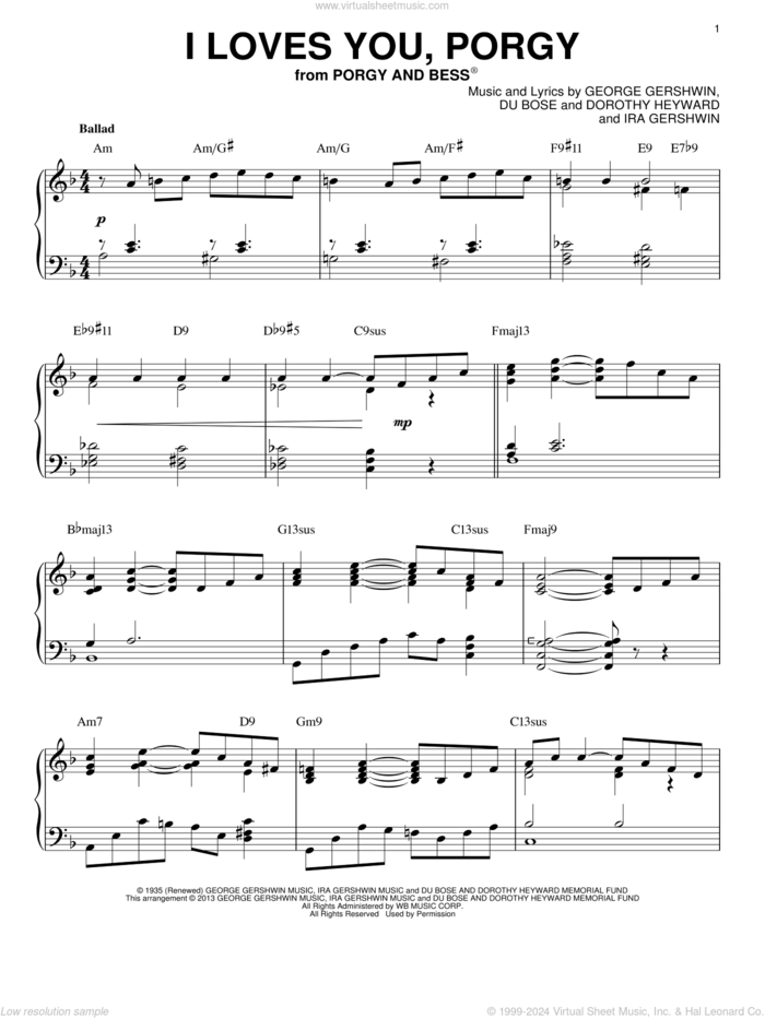 I Loves You, Porgy [Jazz version] (arr. Brent Edstrom) sheet music for piano solo by George Gershwin and Ira Gershwin, intermediate skill level