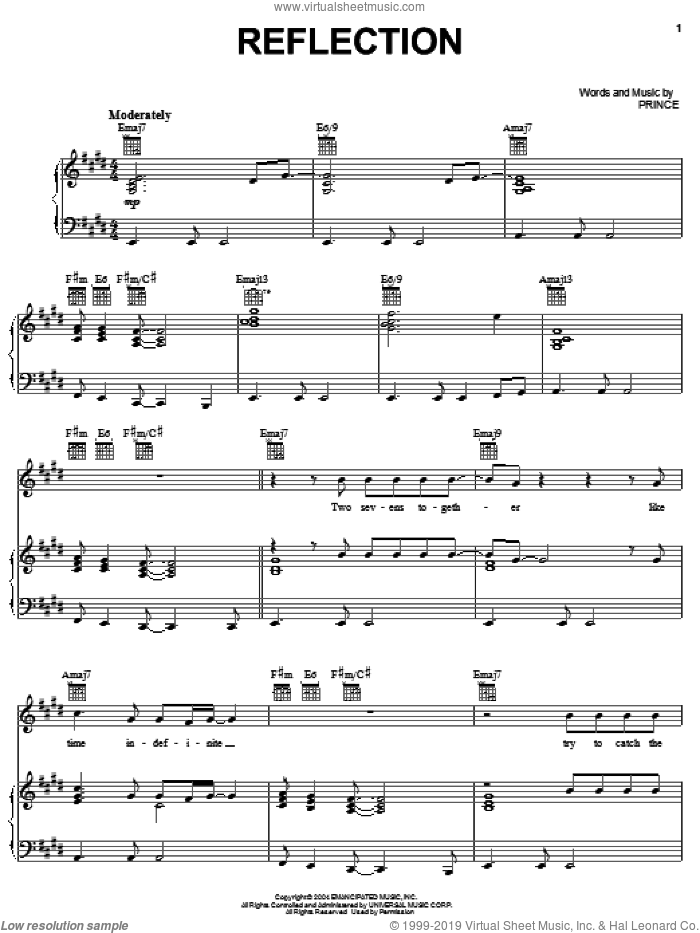 Reflection sheet music for voice, piano or guitar by Prince, intermediate skill level