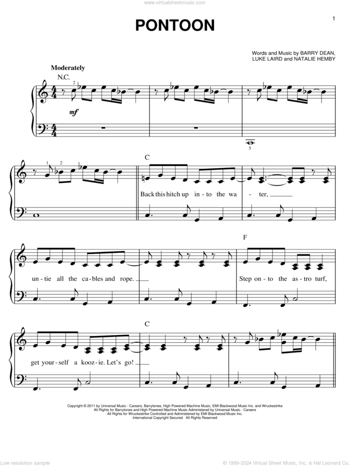 Pontoon sheet music for piano solo by Little Big Town, easy skill level