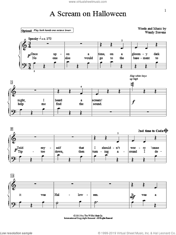 A Scream On Halloween sheet music for piano solo (elementary) by Wendy Stevens, beginner piano (elementary)