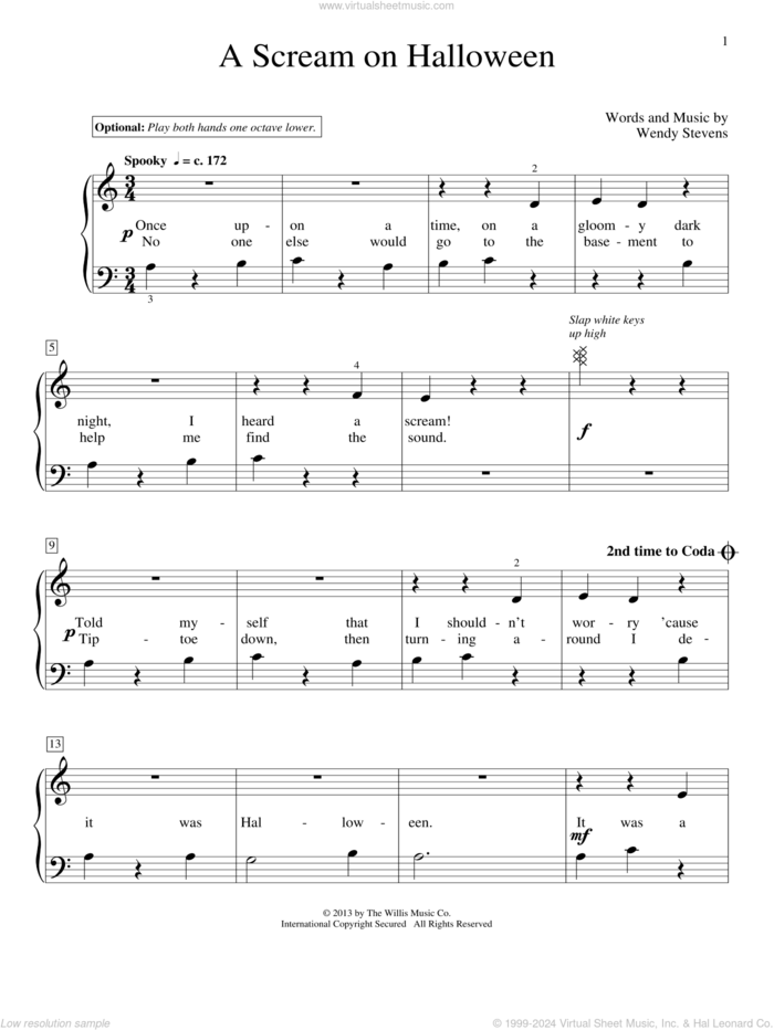 A Scream On Halloween sheet music for piano solo (elementary) by Wendy Stevens, beginner piano (elementary)