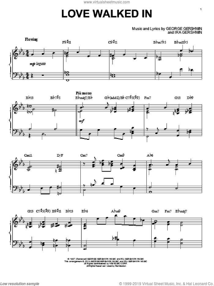 Love Walked In [Jazz version] (arr. Brent Edstrom) sheet music for piano solo by George Gershwin and Ira Gershwin, intermediate skill level