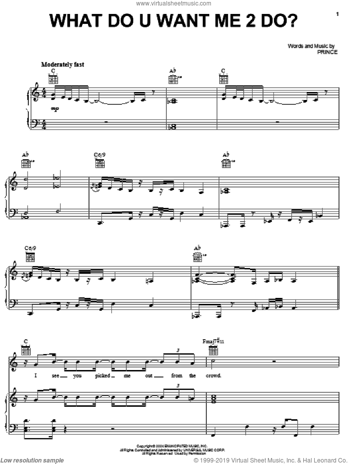 What Do U Want Me 2 Do? sheet music for voice, piano or guitar by Prince, intermediate skill level