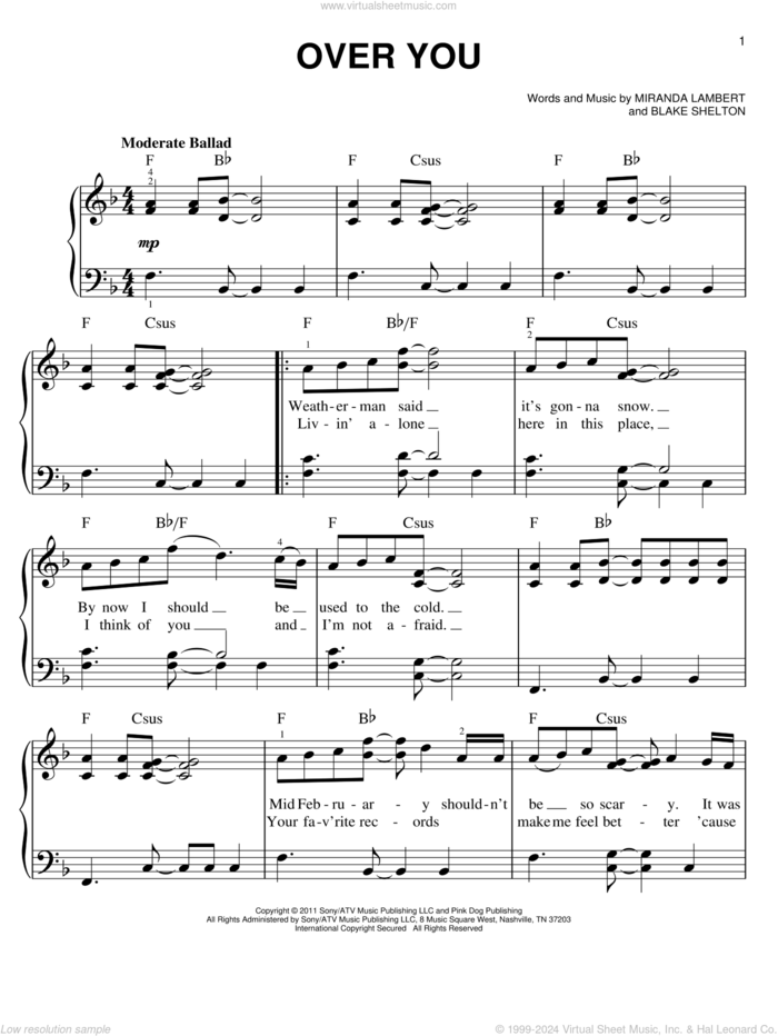 Over You sheet music for piano solo by Miranda Lambert and Blake Shelton, easy skill level