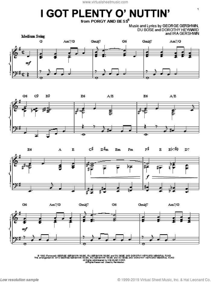 I Got Plenty O' Nuttin' [Jazz version] (arr. Brent Edstrom) sheet music for piano solo by George Gershwin, intermediate skill level