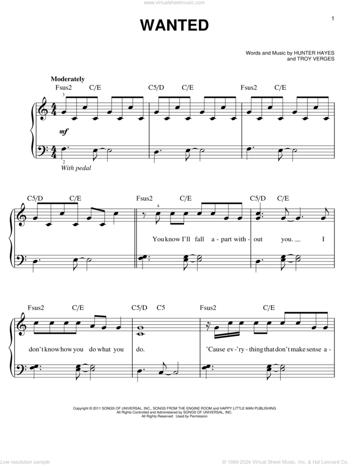 Wanted, (easy) sheet music for piano solo by Hunter Hayes, easy skill level