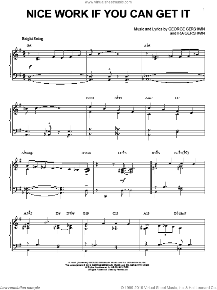 Nice Work If You Can Get It [Jazz version] (arr. Brent Edstrom) sheet music for piano solo by George Gershwin and Frank Sinatra, intermediate skill level