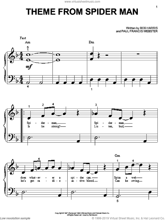 Theme From Spider-Man sheet music for piano solo (big note book) by Paul Francis Webster and Bob Harris, easy piano (big note book)