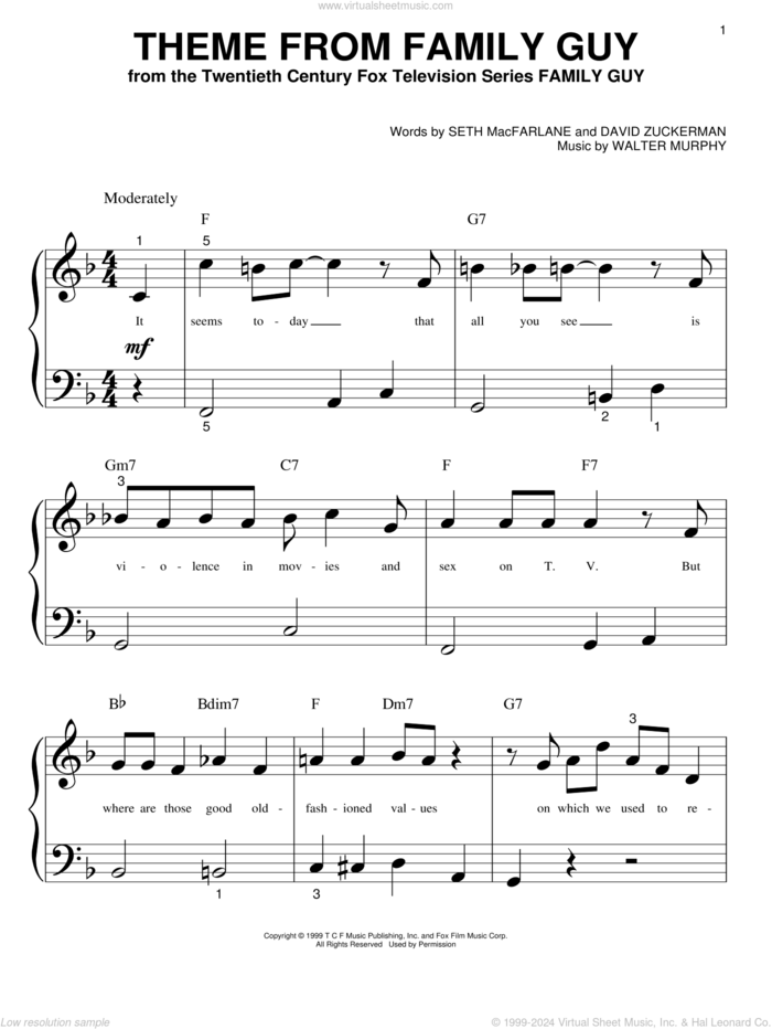 Theme From Family Guy sheet music for piano solo (big note book) by Seth MacFarlane, David Zuckerman and Walter Murphy, easy piano (big note book)