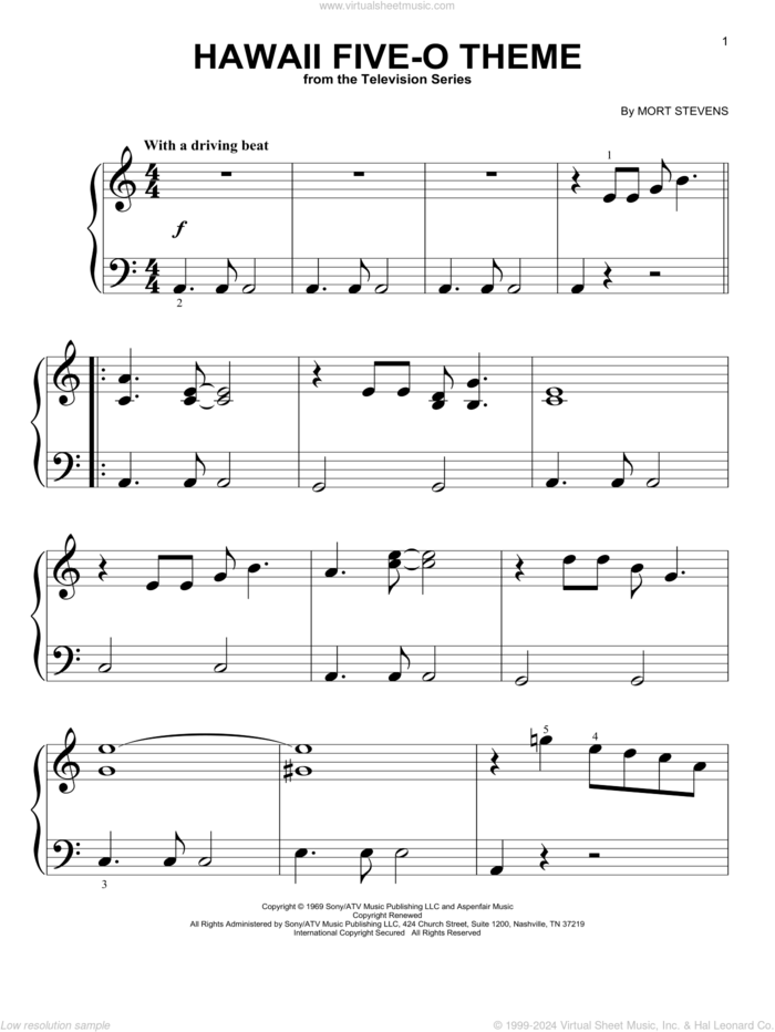 Hawaii Five-O Theme sheet music for piano solo (big note book) by The Ventures and Mort Stevens, easy piano (big note book)