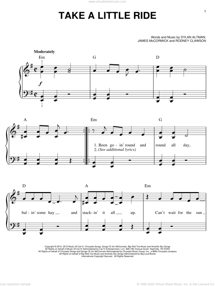 Take A Little Ride sheet music for piano solo by Jason Aldean, easy skill level