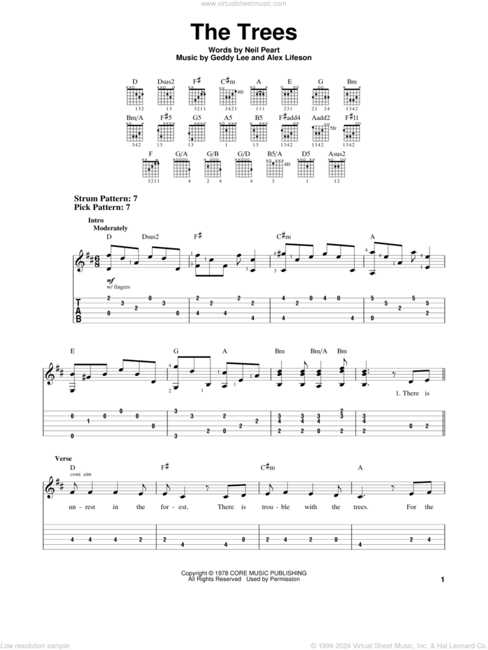 The Trees sheet music for guitar solo (easy tablature) by Rush, easy guitar (easy tablature)