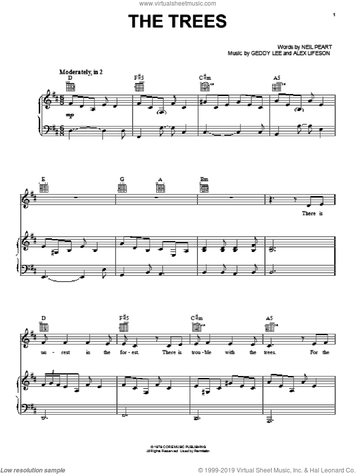 The Trees sheet music for voice, piano or guitar by Rush, intermediate skill level