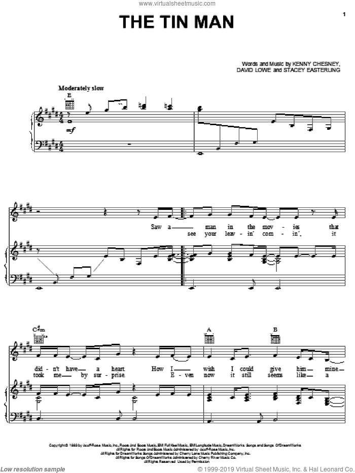 The Tin Man sheet music for voice, piano or guitar by Kenny Chesney, David Lowe and Stacey Easterling, intermediate skill level