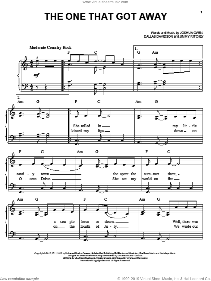 The One That Got Away sheet music for piano solo by Jake Owen, easy skill level