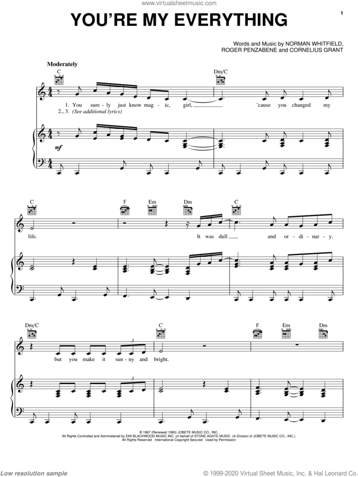 You're My Everything sheet music for voice, piano or guitar by The Temptations, Cornelius Grant, Norman Whitfield and Roger Penzabene, intermediate skill level