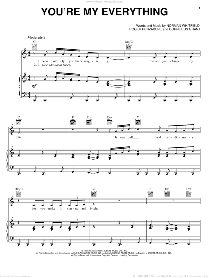 You're My Everything sheet music for voice, piano or guitar by The Temptations, Cornelius Grant, Norman Whitfield and Roger Penzabene, intermediate skill level